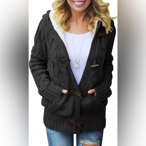 Aleumdr Womens Hooded Long Sleeve Button Up Cable Knit Sweater Outwear w/Pockets